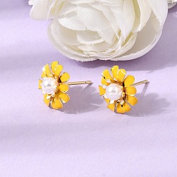 Or Boucles d'oreille en laiton émaillé, fleur, avec des perles en plastique abs, sans plomb et sans cadmium, crémaillère plaquage, plaqué longue durée, réel 18 k plaqué or, or, 13.5~14mm