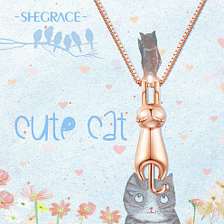 Rose Gold SHEGRACE 925 Sterling Silver Kitten Pendant Necklace, with Cat, Rose Gold, 15.7 inch(40cm)