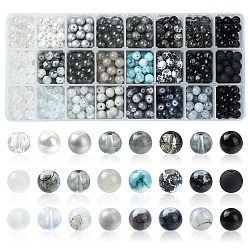 Gray 24 Style Glass Beads, Round, Gradient Color, Gray, 8~8.5mm, Hole: 1.3~1.6mm, about 27~30Pcs/style, 648~720Pcs/box