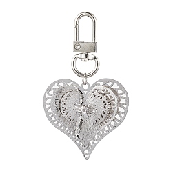 Heart Brass Pendant Decorations, with Alloy Swivel Clasps, Platinum, Heart, 71mm