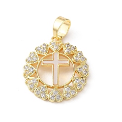 Chapado en Oro Real 18K Latón micro pavimenta claro colgantes de circonio cúbico, con la cáscara blanca, Plano y redondo con dijes de cruz y corazón., sin plomo y cadmio, chapado en rack, larga duración plateado, real 18 k chapado en oro, 22x20x3 mm, agujero: 6x3.5 mm