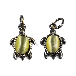 Темный Хаки Латунные подвески, с кошачьим глазом и прыгающим кольцом, без свинца и без кадмия, античная бронза, Морская черепаха, Темный хаки, 16x10.5x4 мм, отверстие : 3.5 мм