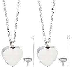 Stainless Steel Color 2Pcs Stainless Steel Heart Cinerary Casket Pendant Necklaces, Urn Ashes Necklaces, with 2 Bags 304 Stainless Steel Mini Funnel, Non-Tarnish, Stainless Steel Color, 21.46 inch(54.5cm)
