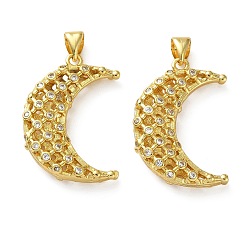 Луна Латунные микропаве прозрачные подвески с фианитом, реальный 18 k позолоченный, луна, 25x17.5x5.5 мм, отверстие : 3x4.5 мм