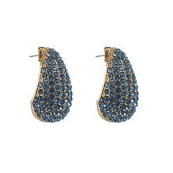 Light Sapphire Alloy Rhinestone Stud Earring, Teardrop, Golden, Light Sapphire, 32x18mm