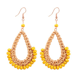 Gold Bohemian Style Dangle Earrings, with Seed Beads, Woven Rattan and Iron Earring Hoop, teardrop, Golden, Gold, 87x45mm