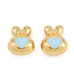 Blue Brass Enamel Beads, Rabbit with Heart, Rack Plating, Long-Lasting Plated, Lead Free & Cadmium Free, Real 18K Gold Plated, Blue, 15x13x8mm, Hole: 2.5mm