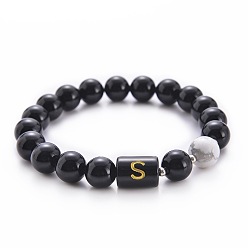 Letter S Bracelets extensibles en perles d'onyx noir naturel (teint et chauffé) et d'howlite (mm), bracelets alphabet, lettre s, 10 pouces (6.60 cm) ~16.76 pouces (8.50 cm)