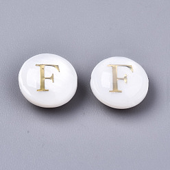 Letter F Natural Freshwater Shell Beads, with Golden Plated Brass Etched Metal Embellishments, Flat Round, Seashell Color, Letter.F, 8x3~5mm, Hole: 0.5~07mm