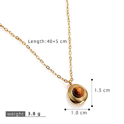 Oval Кулон из натурального тигрового глаза 304 цепочка из нержавеющей стали, золотые, овальные, 15.75 дюйм (40 см), удлинитель 50мм, Кулон : 15x10 мм