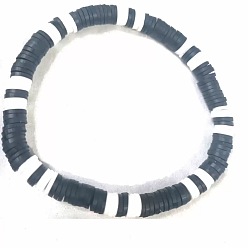 Black Bohemian Polymer Clay Heishi Beaded Stretch Bracelet for Men, Black, 7.87 inch(20cm)
