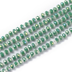Meergrün Galvanisieren Glasperlen, facettierte Rondelle, voll Regenbogen plattiert, Meergrün, 4x3 mm, Bohrung: 0.8 mm, 25.20~25.59 Zoll (64~65 cm)