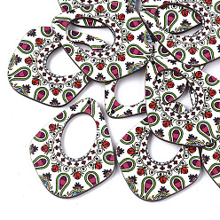Creamy White Printed Basswood Pendants, Back Random Color, Teardrop, Creamy White, 45x36.5x3mm, Hole: 1.5mm