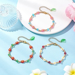 (52) Непрозрачная лаванда 3шт. браслеты из стеклянных бусин для женщин, цветок, с акрилом и цинковым сплавом, разноцветные, 7-3/8 дюйм (18.7 см)