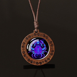 Рак Плоский круглый с двенадцатью созвездиями подвеска из синего стекла и дерева ожерелье из вощеной кожи шнур для женщин и мужчин, рак, 16.93~33.86 дюйм (43~86 см)