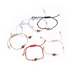Mixed Color Adjustable Nylon Cord Braided Bead Bracelets, with Brass and Natural Tiger Eye Beads, Mixed Color, 1-5/8 inch~3 inch(4~7.5cm)