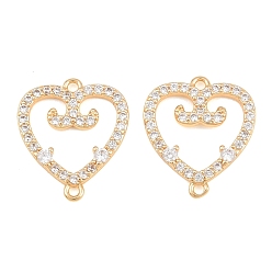 Real 18K Gold Plated Brass Micro Pave Clear Cubic Zirconia Connector Charms, Heart Links, Real 18K Gold Plated, 17.5x15.5x2.5mm, Hole: 1.2mm