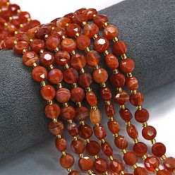 Red Agate Нити бусин из натурального красного полосатого агата/полосчатого агата (окрашенного и нагретого), граненый пятиугольный разрез, плоско-круглые, с бисером, 8~8.5x5 мм, отверстие : 0.8 мм, около 36 шт / нитка, 15.16''~15.24'' (38.5~38.7 см)