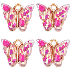 Фуксиновый Прозрачные акриловые брелоки, с фурнитурой из сплава золотистого цвета и пайетками, очарование бабочки, красно-фиолетовые, 14x14 мм