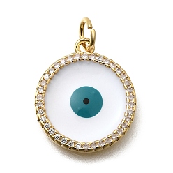Настоящее золото 18K Подвески из латуни микропаве с фианитами и эмалью, плоские круглые с глаз, долговечный, без свинца и без кадмия, стойки покрытие, с целью перехода в кольце, реальный 18 k позолоченный, 17.5x15x2 мм, отверстие : 3.6 мм