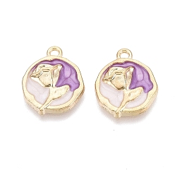 (52) Непрозрачная лаванда Подвески из эмали и сплава, плоские круглые и цветочные подвески, золотой свет, разноцветные, 19x16x3 мм, отверстие : 1.8 мм