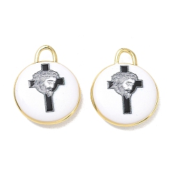 Black Printed Brass Pendants, Flat Round with Jesus & Cross Pattern Charms, Rack Plating, Long-Lasting Plated, Lead Free & Cadmium Free, Real 18K Gold Plated, Black, 21x17x4mm, Hole: 3mm