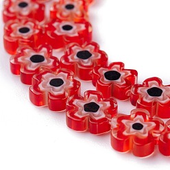 Red Handmade Millefiori Glass Bead Strands, Flower, Red, 6.4~9x3.2mm, Hole: 1mm, about 56pcs/Strand, 15.75''(40cm)