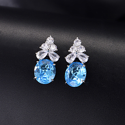 Blue Brass Pave Cubic Zirconia Oval with Flower Stud Earrings for Women, Platinum, Blue, 24x10mm