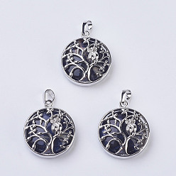 Sodalite Natural Sodalite Pendants, with Brass Findings, Flat Round with Tree of Life, Platinum, 31~32x27x8~9mm, Hole: 5x7mm