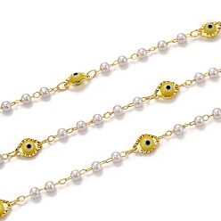 Yellow Handmade Brass Chains, with Acrylic Imitation Pearl, Lampwork and Spool, Long-Lasting Plated, Soldered, Evil Eye, Golden, Yellow, Link: 2.6x1.8x0.3mm