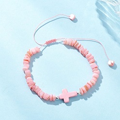 Pink Регулируемые плетеные браслеты из натуральных пресноводных ракушек и окрашенных синтетических бирюзовых бусин для женщин, чип и кросс, розовые, внутренний диаметр: 2.09 ~ 3.46 дюйм (5.3~8.8 см)