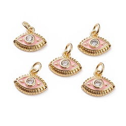 Розовый Латунные микропаве прозрачные кубические циркониевые подвески, с эмалью, глаз, с прыжковых колец, реальный 18 k позолоченный, туманная роза, 10x12x3 мм, Перейти кольцо: 5x1 мм, 3 мм внутренним диаметром