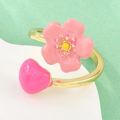 Pink Brass Cuff Open Rings for Women, Flower, with Enamel, Cadmium Free & Lead Free, Rack Plating, Long-Lasting Plated, Real 18K Gold Plated, Pink, US Size 7 1/4(17.5mm)