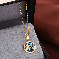 Capricornio Collares con colgante de disco de signo zodiacal de concha de abulón natural iridiscente de latón con circonita cúbica transparente para mujer, dorado, Capricornio, 15.75 pulgada (40 cm)