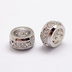 Платина Латунные микро проложить Цирконий Европейский бисером, рондель, бусины с большим отверстием, без свинца и без никеля , платина, 8x4.5 мм, отверстие : 5 мм