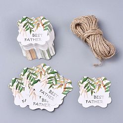 Green Floral Pattern Paper Gift Tags, Hang Tags, with Jute Twine, Square with Word Best Father, Green, 5x5x0.05cm, Hole: 4mm, 50pcs/set