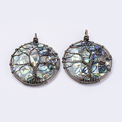 Paua Shell Abalone Shell/Paua Shell Big Pendants, Wire Wrapped Pendants, Flat Round with Tree of Life, Red Copper, 55x45x8.5mm, Hole: 3.5x5mm