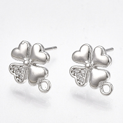 Real Platinum Plated Brass Cubic Zirconia Stud Earring Findings, with Loop, Clover, Clear, Nickel Free, Real Platinum Plated, 11.5x9mm, Hole: 1mm, Pin: 0.7mm