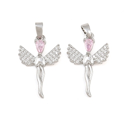 Platine Pendentifs en laiton micro pavé de zircons cubiques roses, charmes d'ange, platine, 23.5x15x3.5mm, Trou: 5x2mm