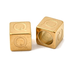 Letter Q 304 из нержавеющей стали европейские шарики, бусины с большим отверстием, куб с письмом, золотые, Буква Q, 7x7x7 мм, отверстие : 5 мм