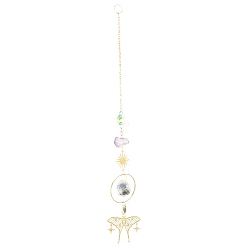 Teardrop Metal Moth Moon Hanging Ornaments, Glass Tassel Suncatchers for Home Garden Outdoor Decoration, Teardrop, 310~340mm