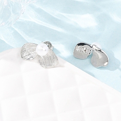 Платина Серьги-гвоздики из латуни в форме листа, с абс пластмассовой имитационной жемчужиной, без кадмия и без свинца, стойки покрытие, долговечный, платина, 9x15 мм