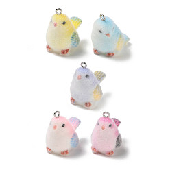 Mixed Color Flocky Opaque Resin Pendants, Bird Charms, with Platinum Iron Loop, Mixed Color, 25.5~26x17x26.5~27.5mm, Hole: 2mm