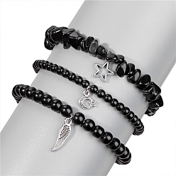 (946F)Морозный цвет внутри  Жонкиль / Непрозрачная зеленая подкладка Браслеты из натурального черного агата (окрашенного и нагретого), для женщин, амулет звезда, луна и крылья, периметр: 7-1/2 дюйм (19 см), 3 шт / комплект