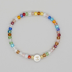 Letter Z Handmade Bohemian Colorful Faceted Rondelle Glass Beaded Stretch Bracelets, Alphabet Natural White Shell Bracelets for Women, Letter Z, Inner Diameter: 2.36 inch(6cm)
