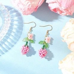 Pink Цветок 304 нержавеющая сталь стеклянные бусины подвесные серьги, с перламутровыми стеклянными жемчужинами, окрашенными в технике выпекания, и прозрачными акриловыми подвесками, золотые, розовые, 56x13.5 мм