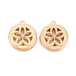 Light Gold Brass Locket Pendants, Nickel Free, Diffuser Locket, Hollow, Flat Round, Light Gold, 28x25.5x5.5mm, Hole: 2mm