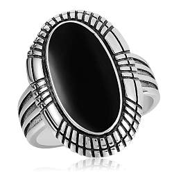 Antique Silver 925 Sterling Silver Adjustable Ring, Natural Black Garnet Oval Chunky Ring for Women, Antique Silver, US Size 5 1/4(15.9mm)