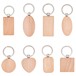BurlyWood Beech Wood Keychain, with Platinum Plated Iron Split Key Rings and Alloy Connectors, Rectangle/Heart/Oval/Flat Round, BurlyWood, 7~97.5mm, 8pcs/set