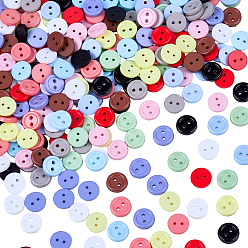 Mixed Color 300Pcs 12Colors Resin Buttons, 2-Hole, Flat Round, Mixed Color, 6x1mm, Hole: 0.8mm, 25pcs/color